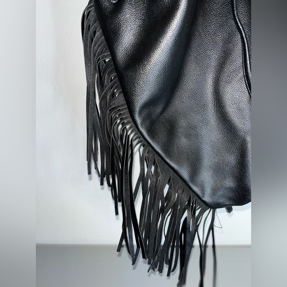 Victoria's Secret Fringe Bucket Bag Drawstring Black Faux Leather Large NWOT - Picture 10 of 16